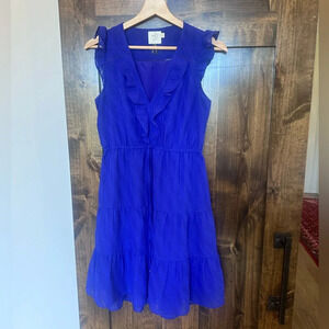 HD in Paris Size 0 Royal Blue Swiss Dot Sleeveless Mini Dress Tiered Ruffle